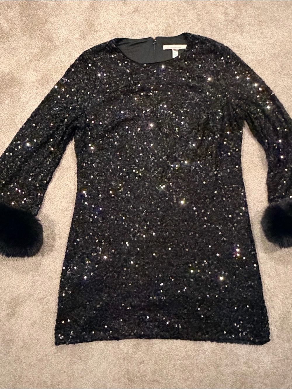 Hutch Anthropologie Black Sequin Faux Fur Cuff Mini Dress 1X Long Sleeve - Picture 2 of 11
